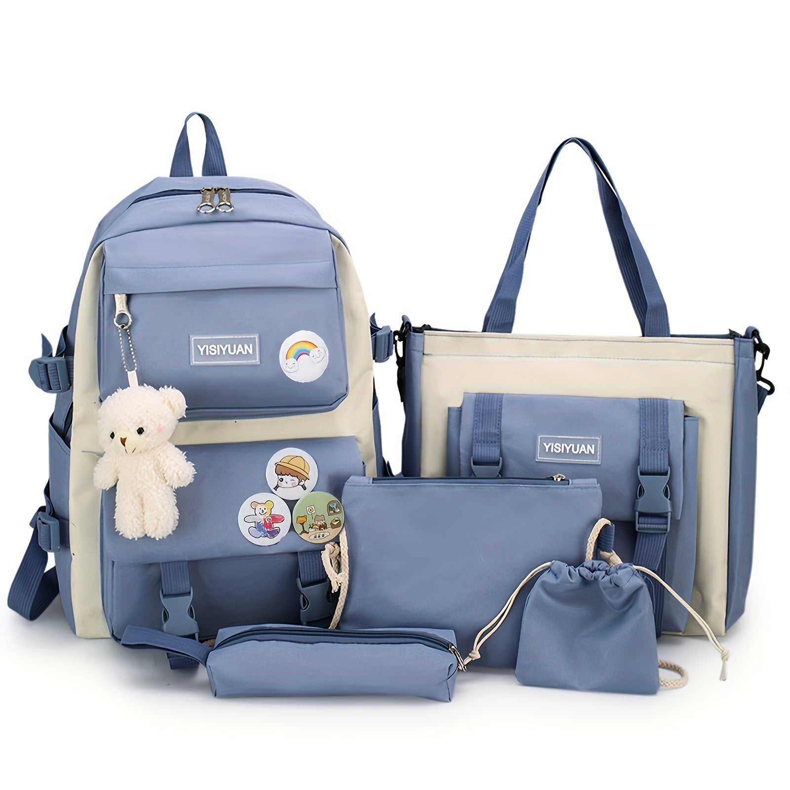 Women's Oxford Fabric Campus Backpack Set with Badge Pendant in Multiple Colors