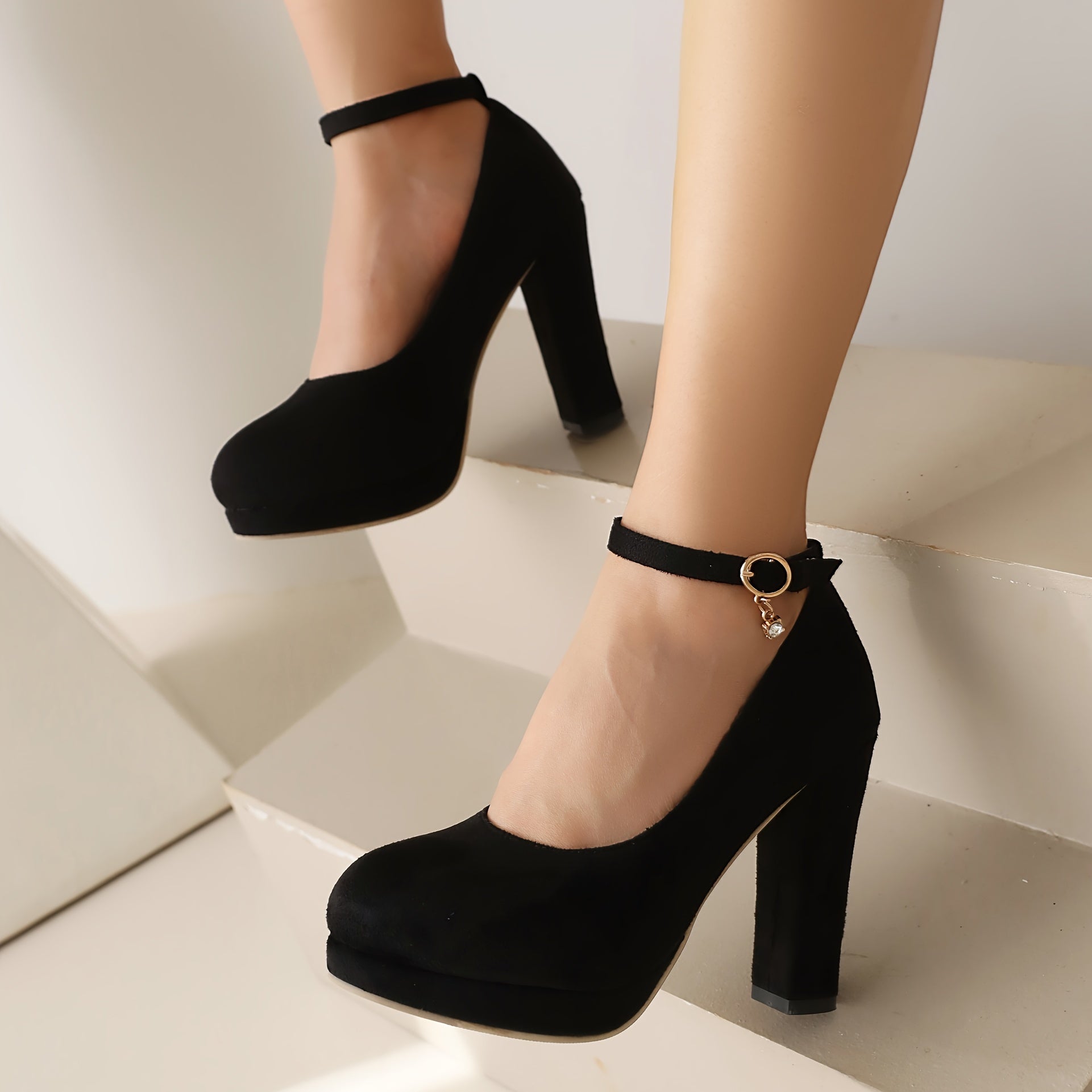 Women's Solid Color Elegant Pumps Shallow Mouth Ankle Strappy Buckle Chunky Heels