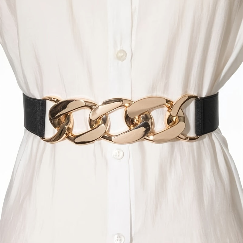 Широкий пояс для женщин с золотой цепочкой, с вырезами, эластичный, винтажный стиль для платьев и пальто