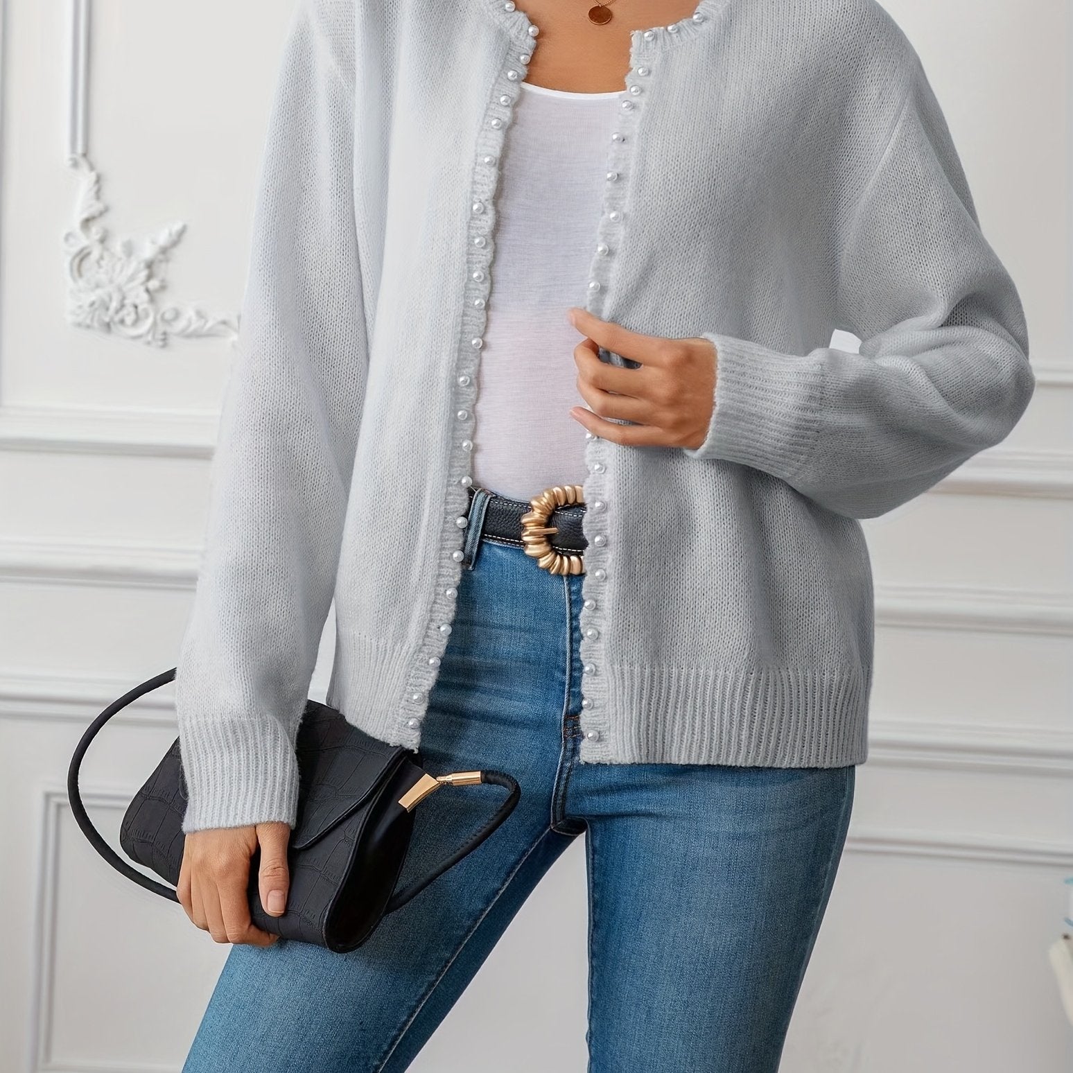 Women's Oversized Cozy Knit Cardigan with White Trim Navy Blue Winter Layering