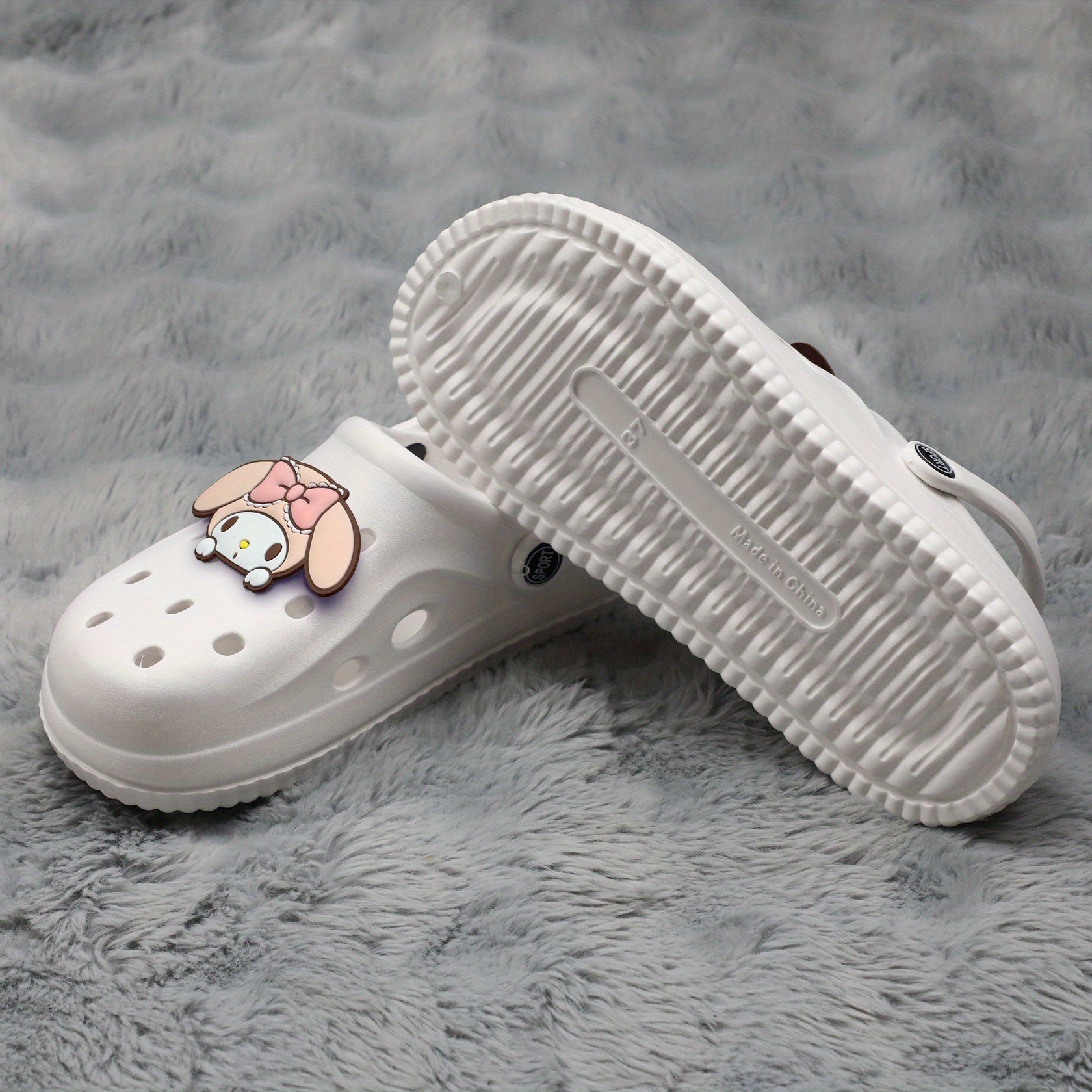 Women EVA Clogs Flat Slides with Cartoon Design, Black White Summer Footwear