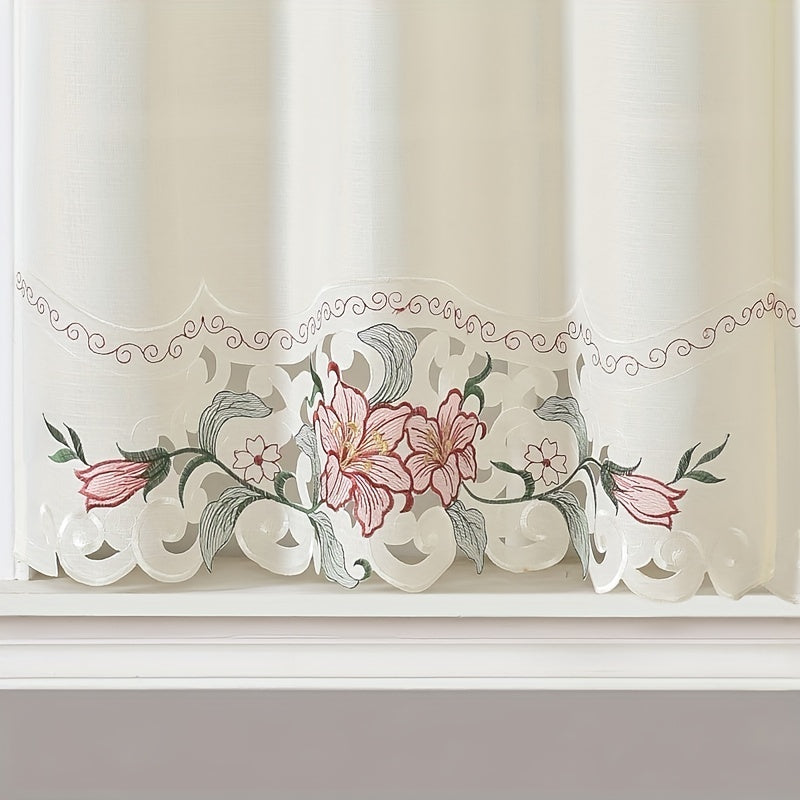 3-Piece Beige Floral Embroidered Polyester Window Curtains for Bedroom Living Room Kitchen