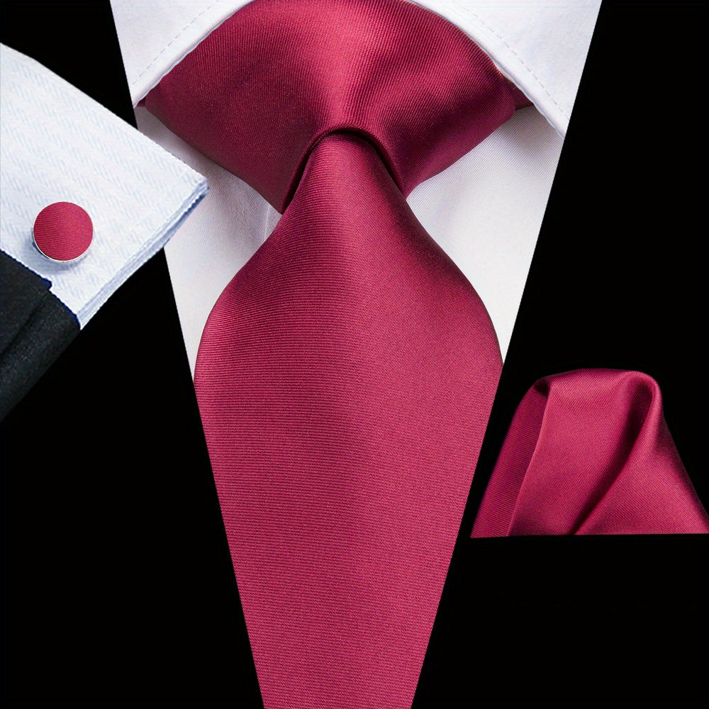 Men's Jacquard Woven Solid Necktie Set with Hanky and Cufflinks for Weddings and Business