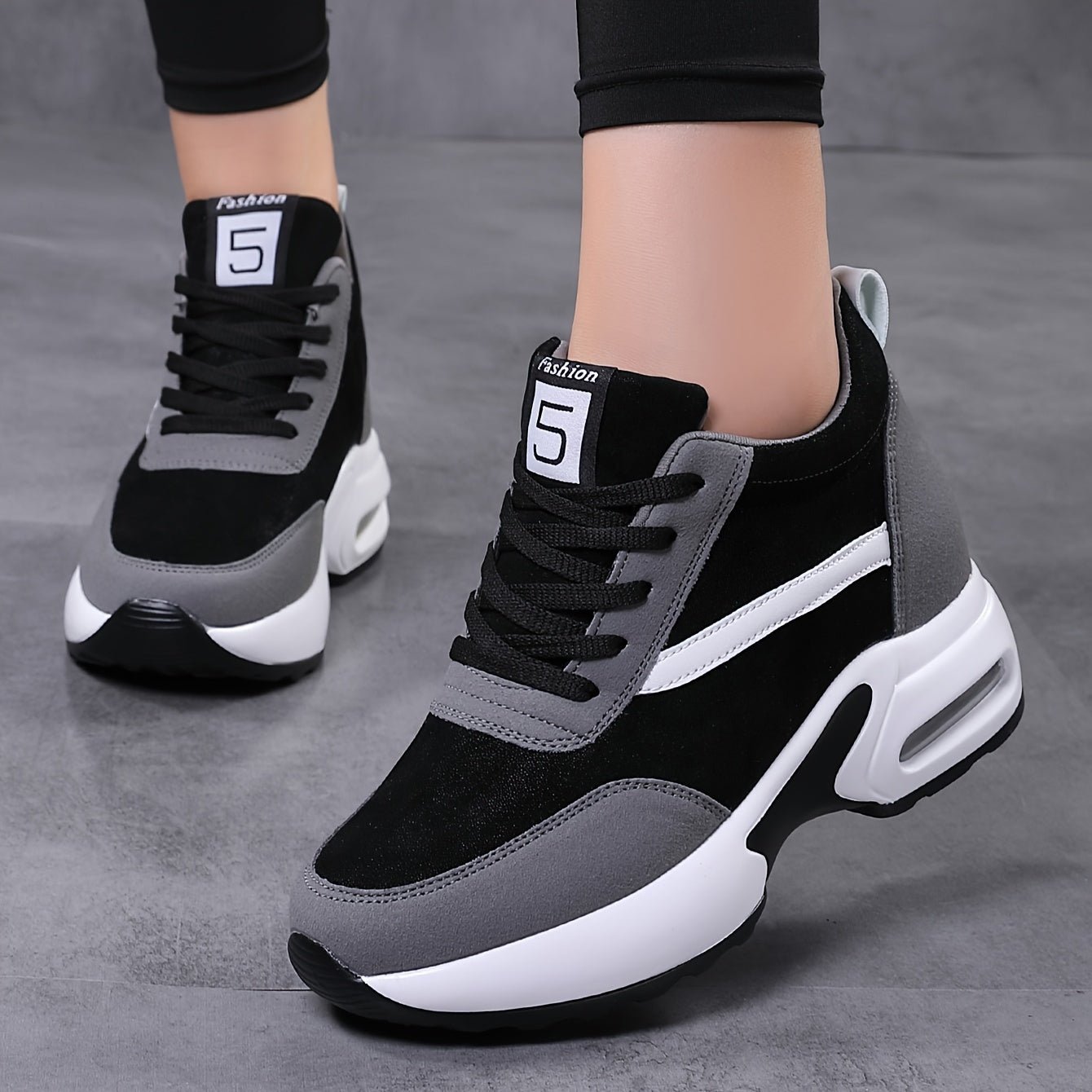 Women's Chunky Lace-Up Sneakers with Air Cushion and Hidden Heel for Outdoor Walking