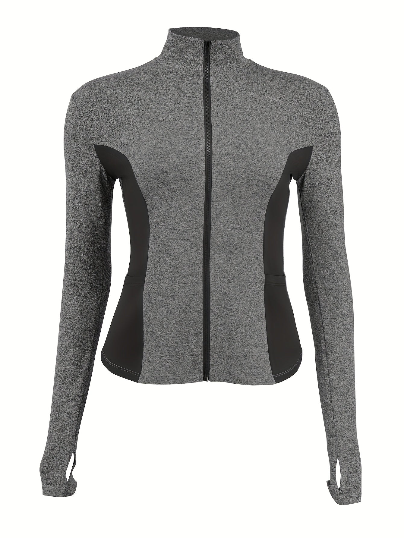 Chaqueta atlética de tallas grandes para mujer, transpirable y elástica, con cremallera para correr, negra y gris