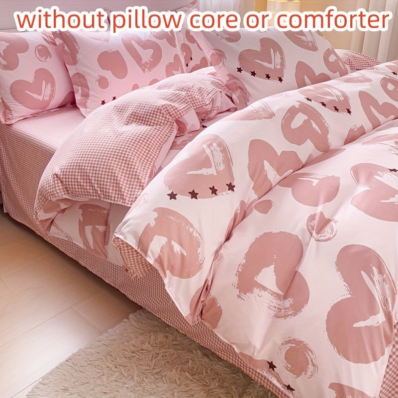Pink Heart Print Duvet Cover Set 4 Pieces All-Season Bedding for Bedroom Guest Room