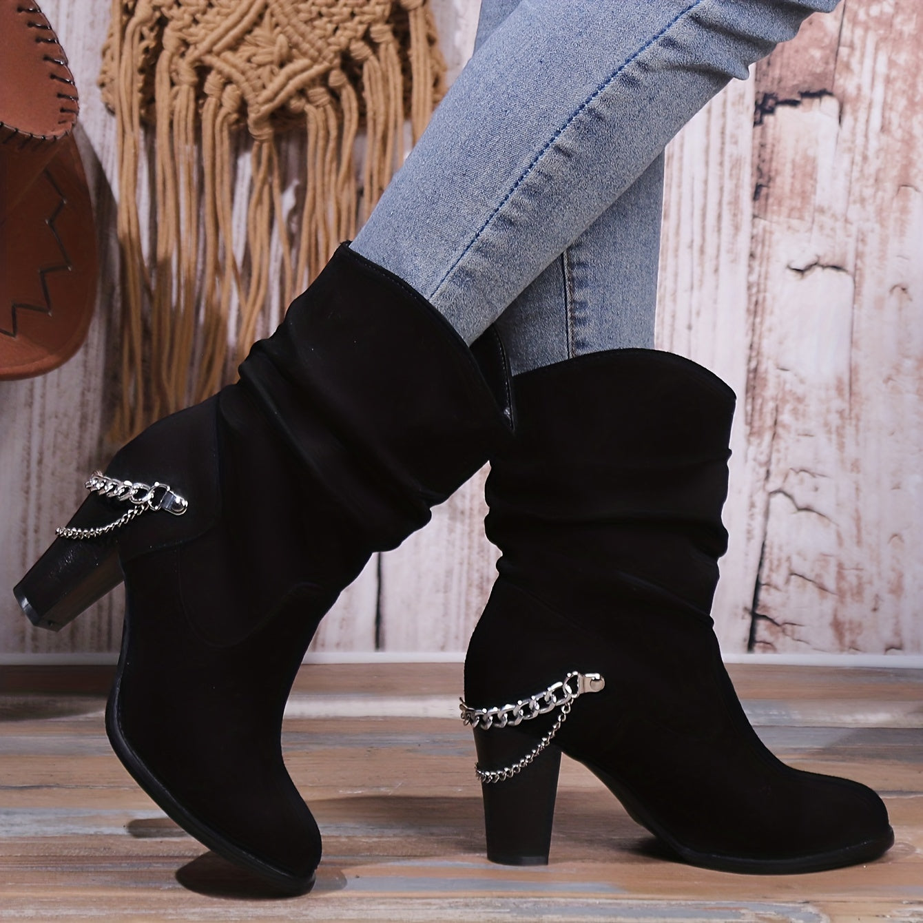 Women's Short Block Heel Boots Slip-On Chain Decor Suedette High Heeled