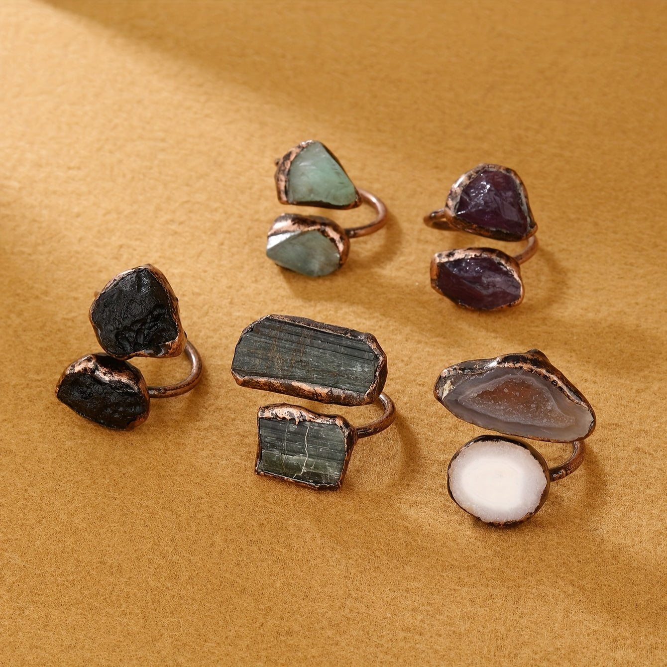 Boho-Chic sozlanadigan uzuk Amethyst, Yashil Fluorit, Tourmaline va Agat tabiiy toshlar bilan