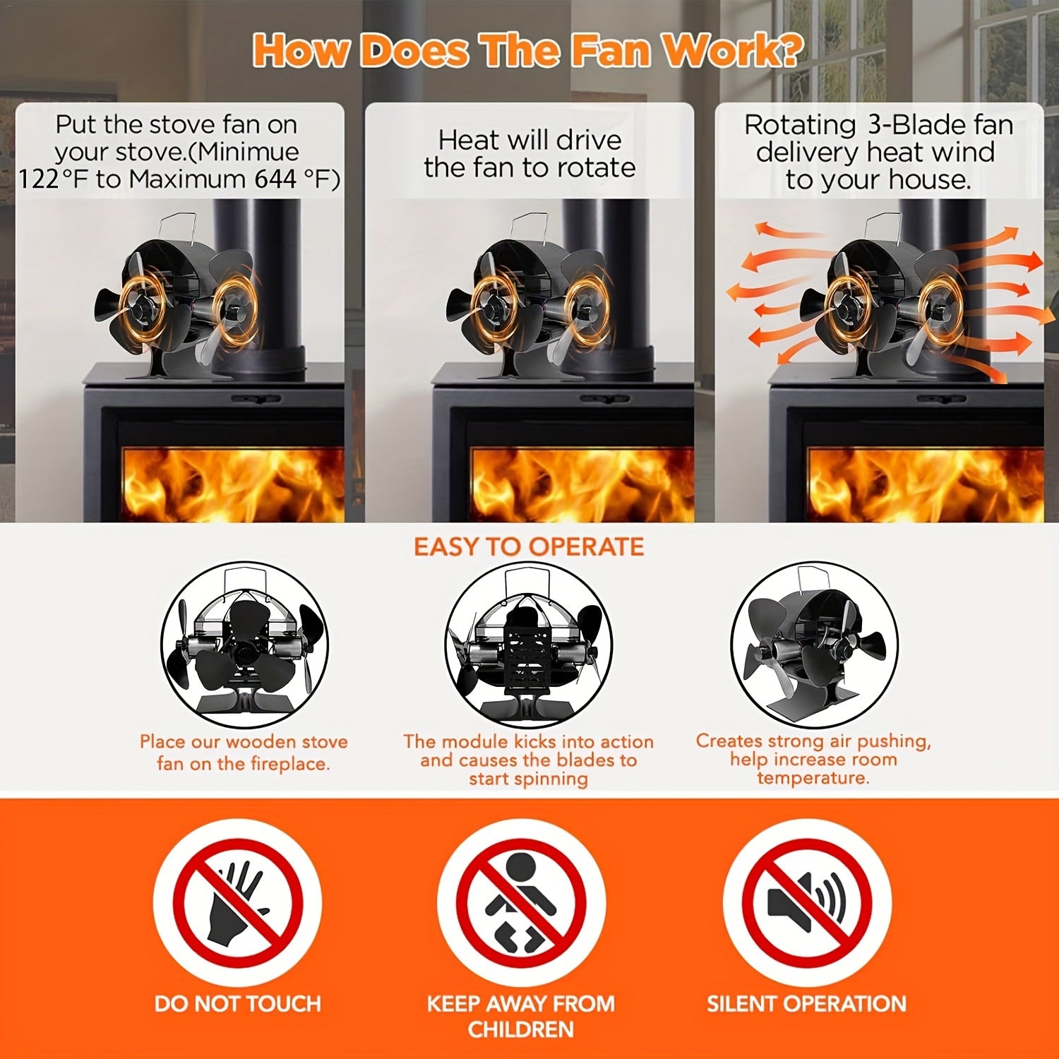 Металлический вентилятор для печи, работающий на тепле, для дровяных печей и каминов, тихая работа