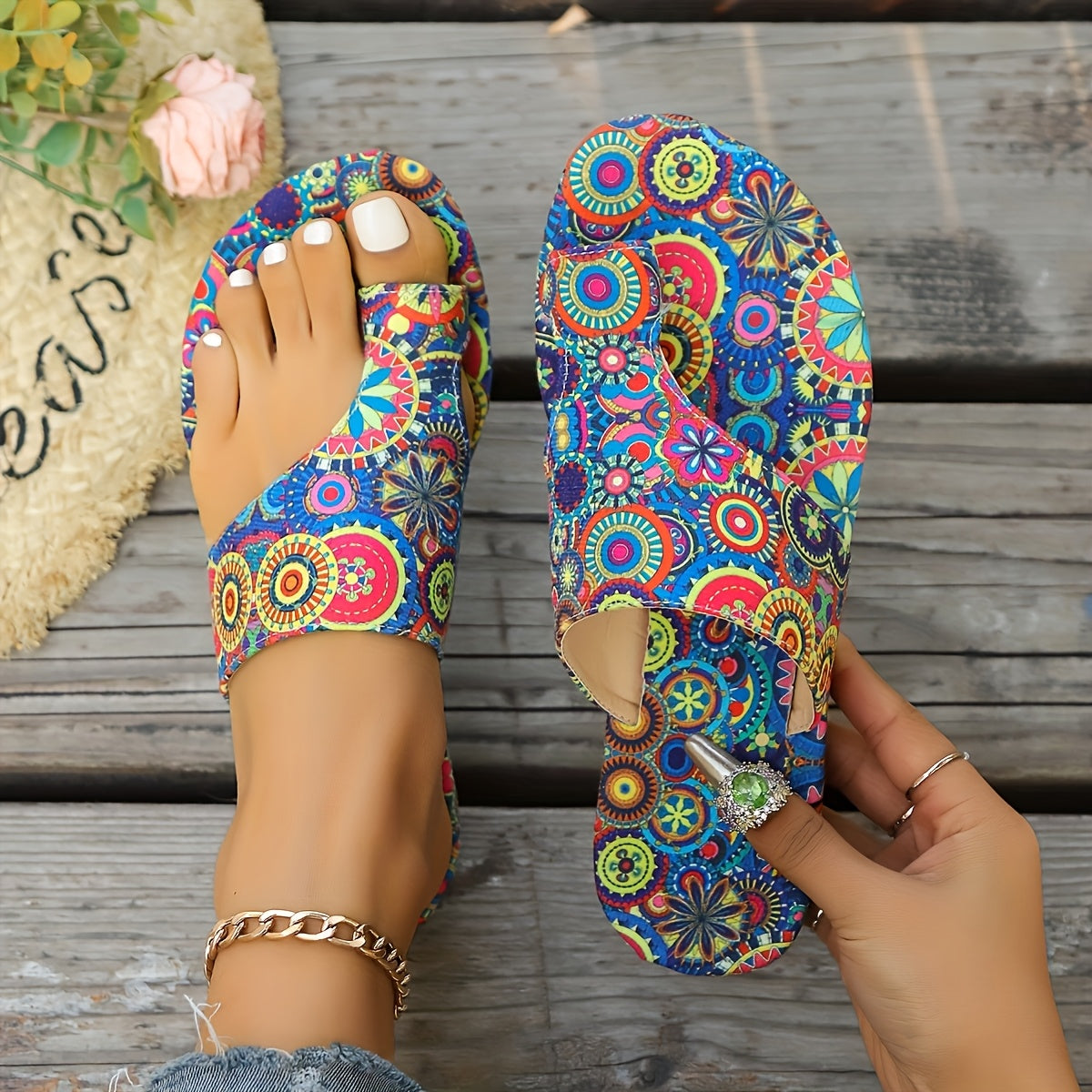 Women's Flat Sandals Bohemian Floral Toe Loop Multicolor Fabric