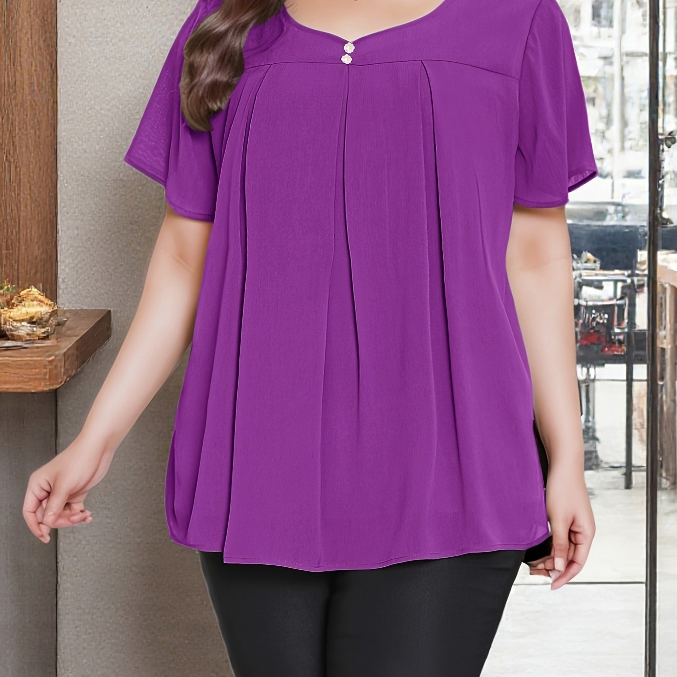 Plus Size Women's Casual Blouse Short Sleeve Vivid Purple Loose Fit Comfortable Top