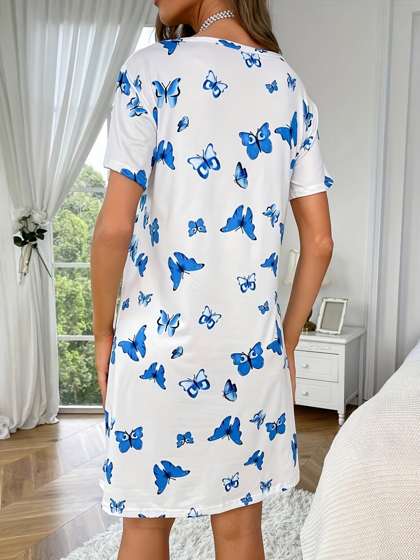 Women's Butterfly Print Pajama Dress Short Sleeve Nightwear Lounge Sleepwear
