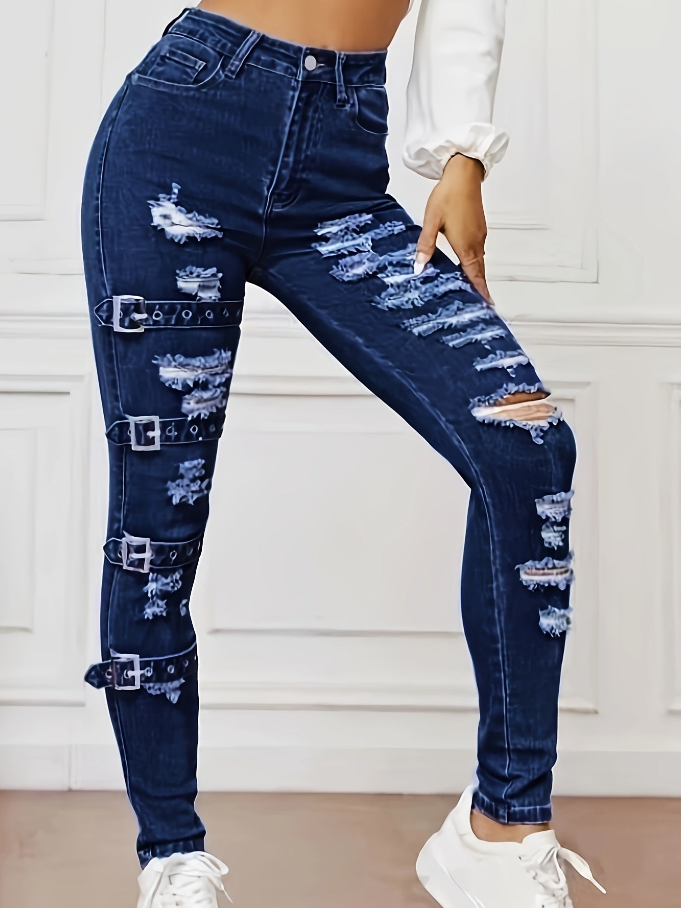 Women's High-Waisted Ripped Skinny Jeans Cotton Polyester Blend All-Season