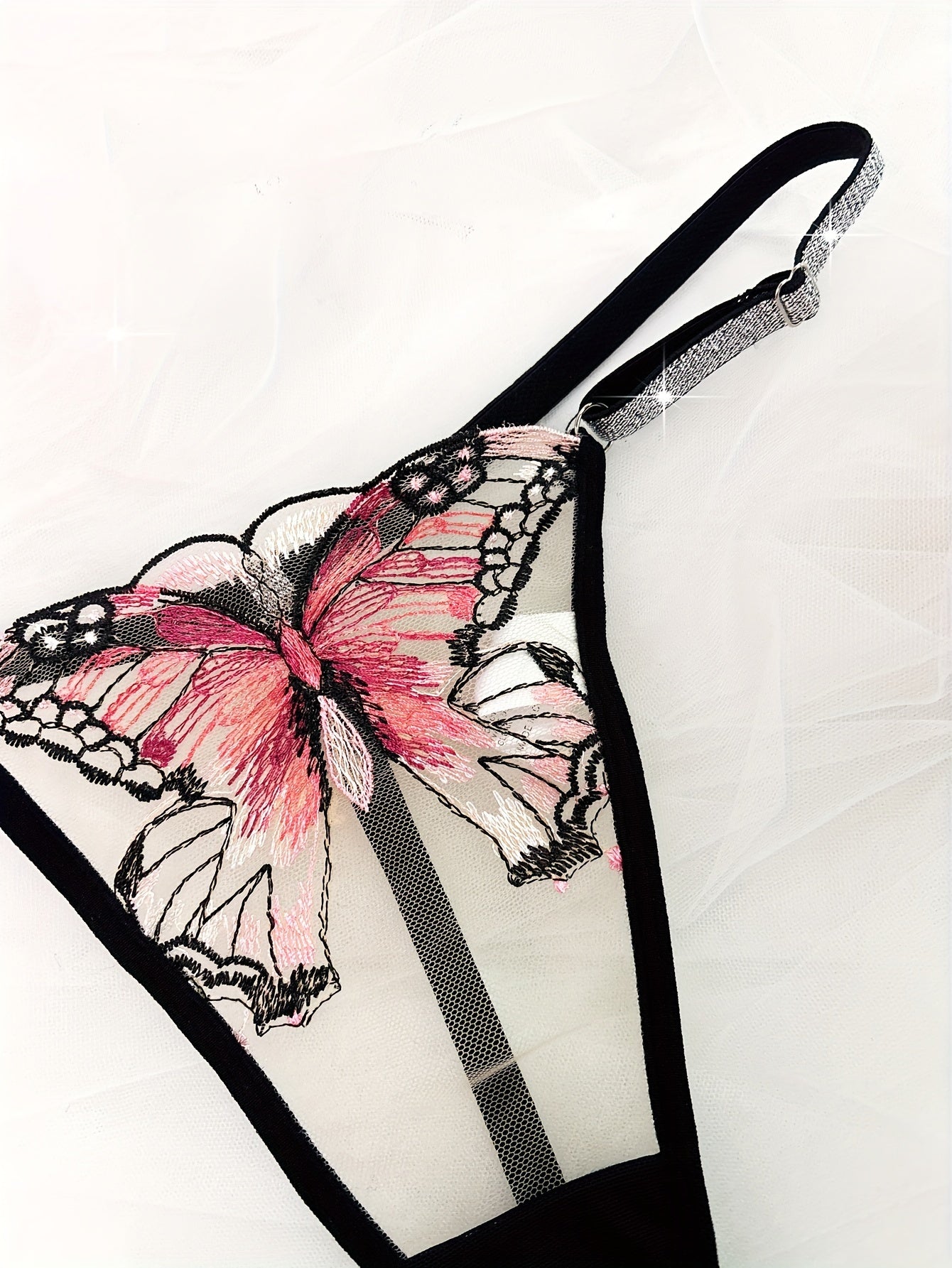 Tanga de malla para mujer con cinturilla de purpurina y estampado de mariposa, lencería semi-transparente