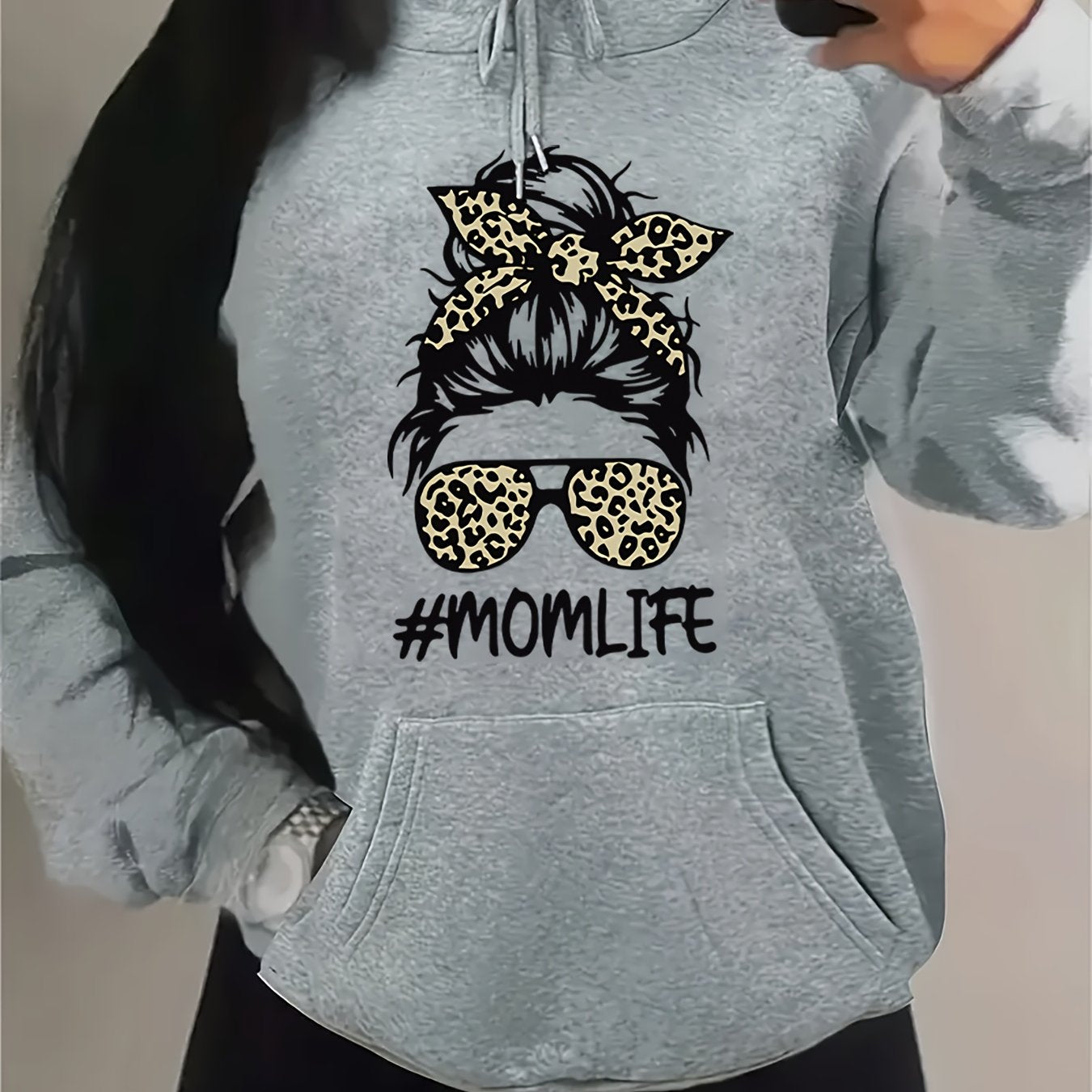 Women's Fleece Hoodie with Leopard Print Bow and Graphic Ivory Sweater