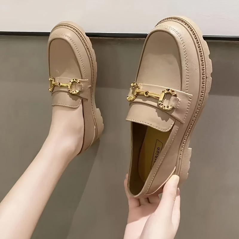 Women's Loafers with Metallic Buckle Straps Casual Beige and Black TPU Shoes