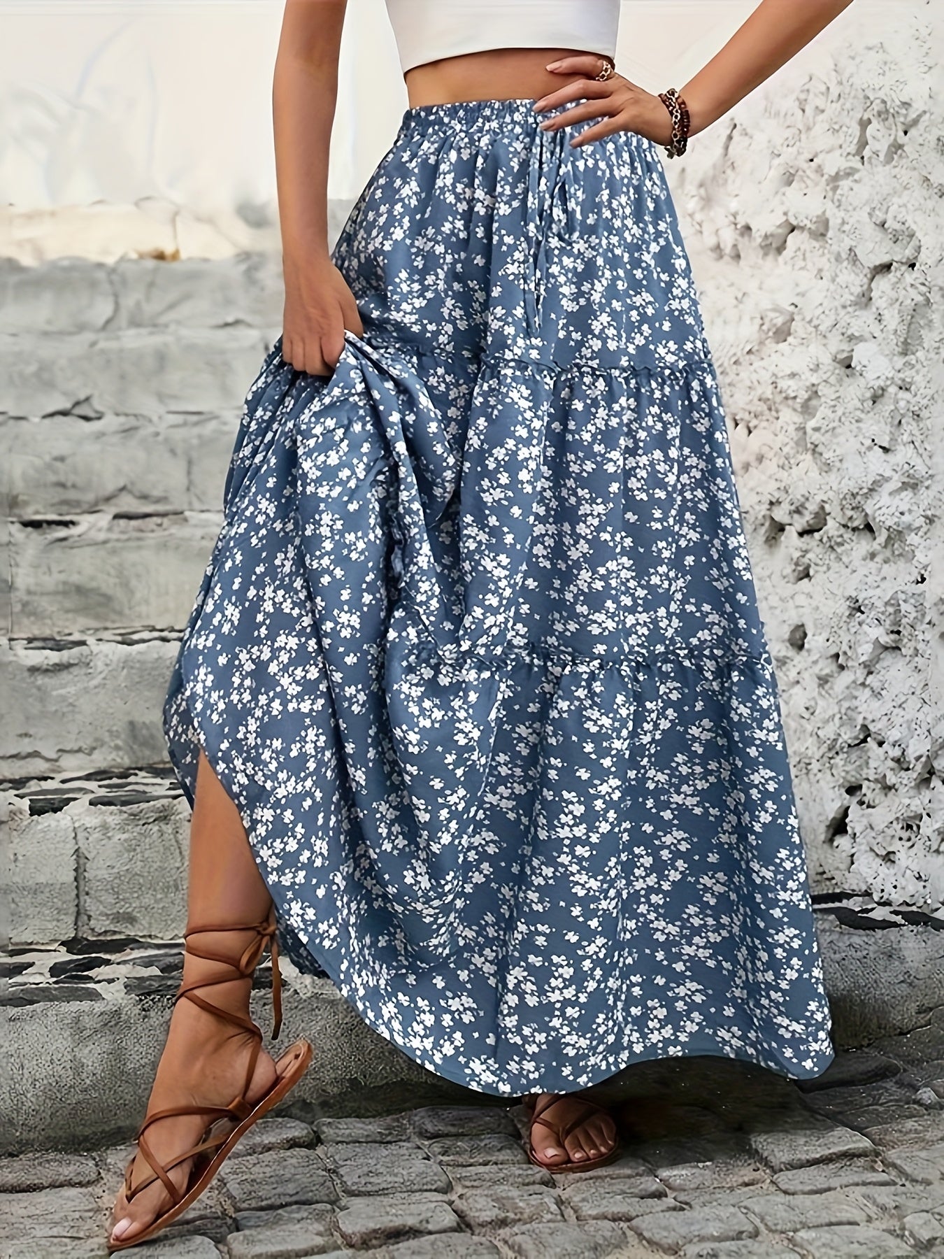 Plus Size Women's Summer Floral Maxi Skirt Light Blue White Daisy Tiered Beach Casual