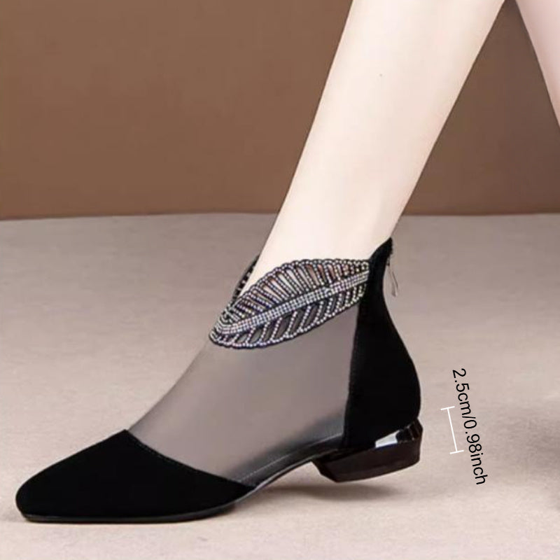 Women Rhinestone Open Toe Backless Mesh Low Heel Sandals