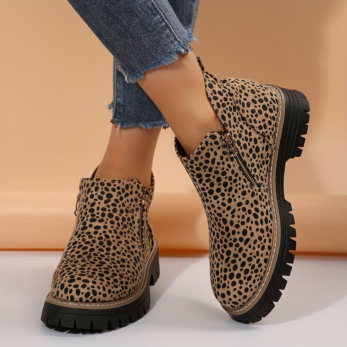 Women Leopard Print Ankle Boots with Zipper Low Block Heel Durable