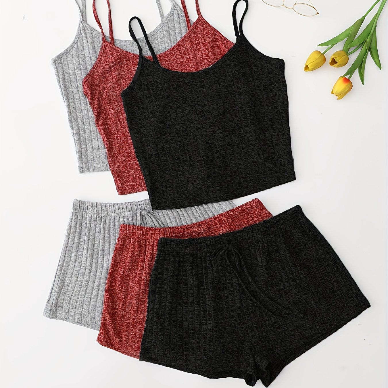 Women's 3-Piece Pajama Set Solid Cami Top Lace-Up Shorts Sleepwear Lounge Wear