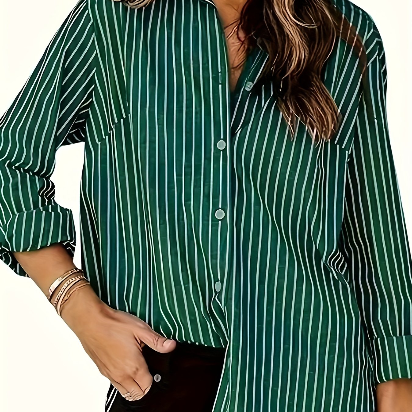 Women's Long Sleeve Striped Button-Up Shirt with Chest Pocket