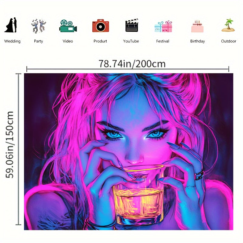 Neon Drinking Girl Fluorescent Tapestry Psychedelic Wall Art for Home and Bar Decor