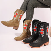 Women Embroidered Western Cowboy Boots Black Red Floral Mid-Calf Comfortable Slip-On