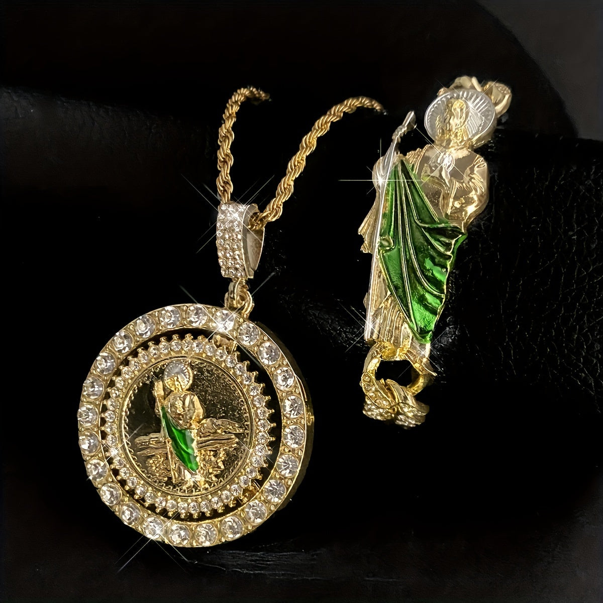 Uniseks zargarlik to'plami, zanglamaydigan po'latdan yasalgan diniy ramzlar, pendants va bilaguzuk, yashil emal bilan