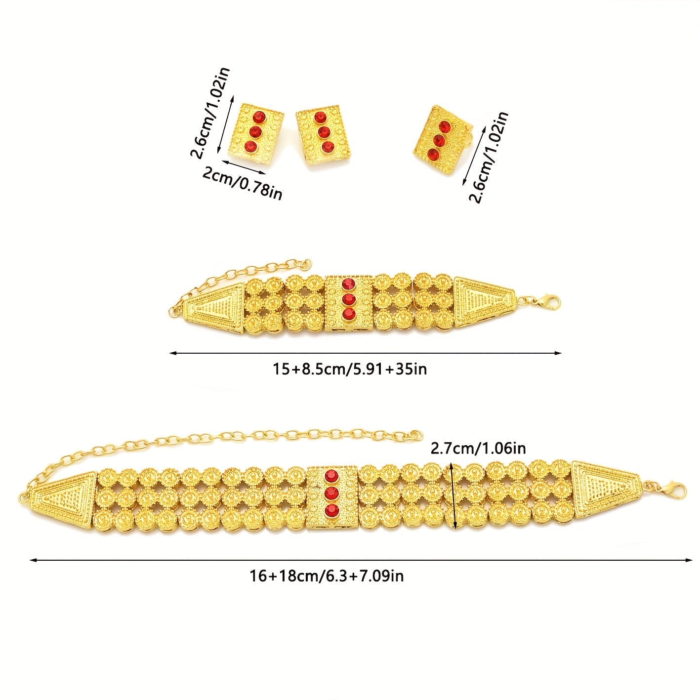 Set of 4 Boho Tribal Jewelry Pieces Necklace Earrings Ring Bracelet 24K Gold Plated Synthetic Zirconia