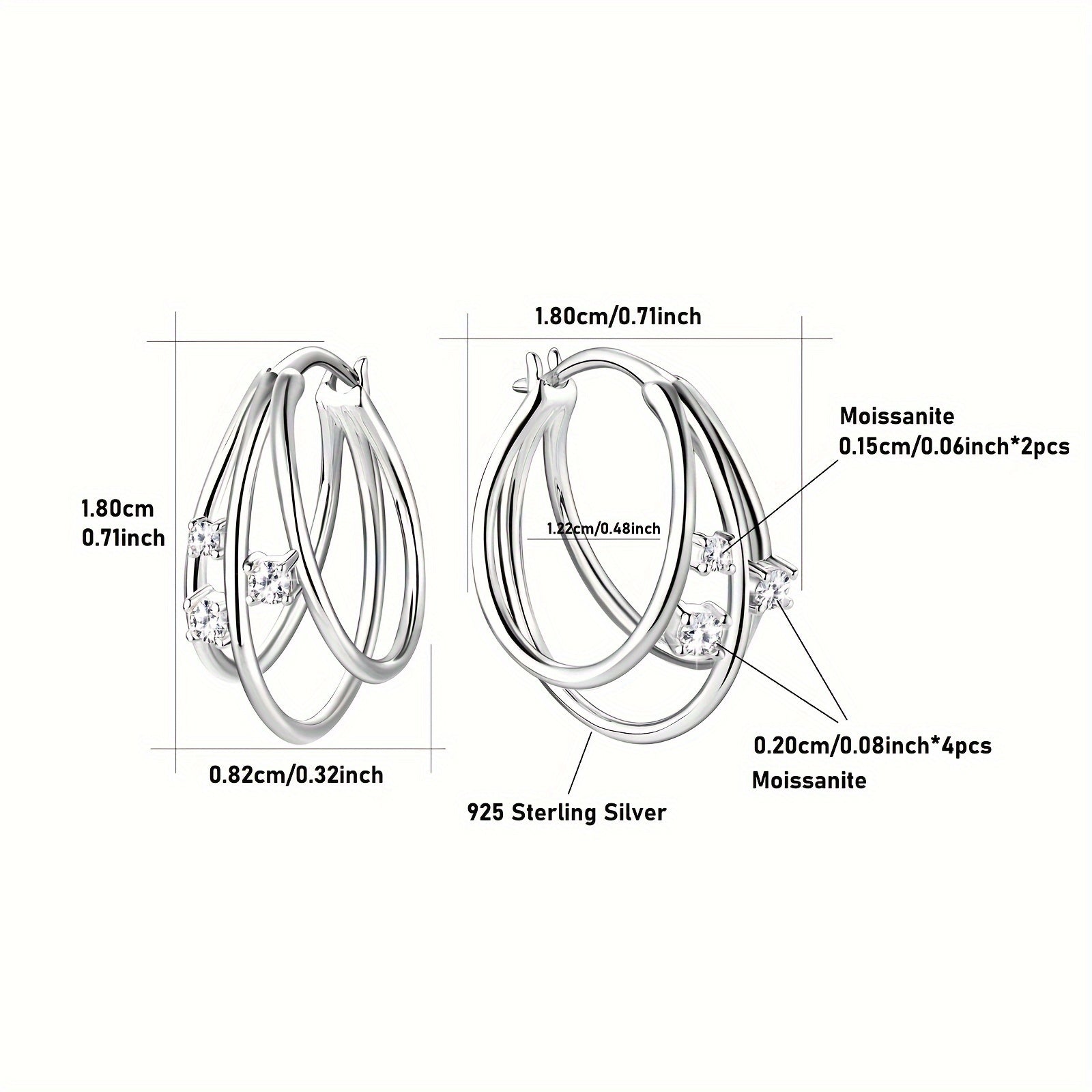 Sterling Silver Women's Hoop Earrings with Moissanite 3 Pairs 2mm 1.5mm