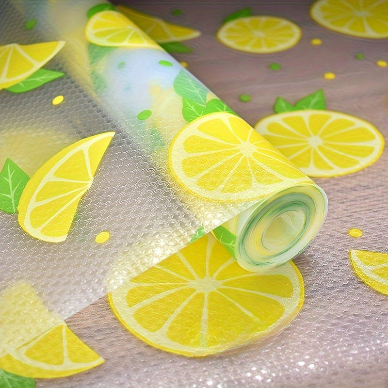 Forro de vinilo para armario de cocina con patrón de limón, a prueba de humedad, a prueba de polvo, antideslizante, multiusos, estante, cajón, tapete para nevera