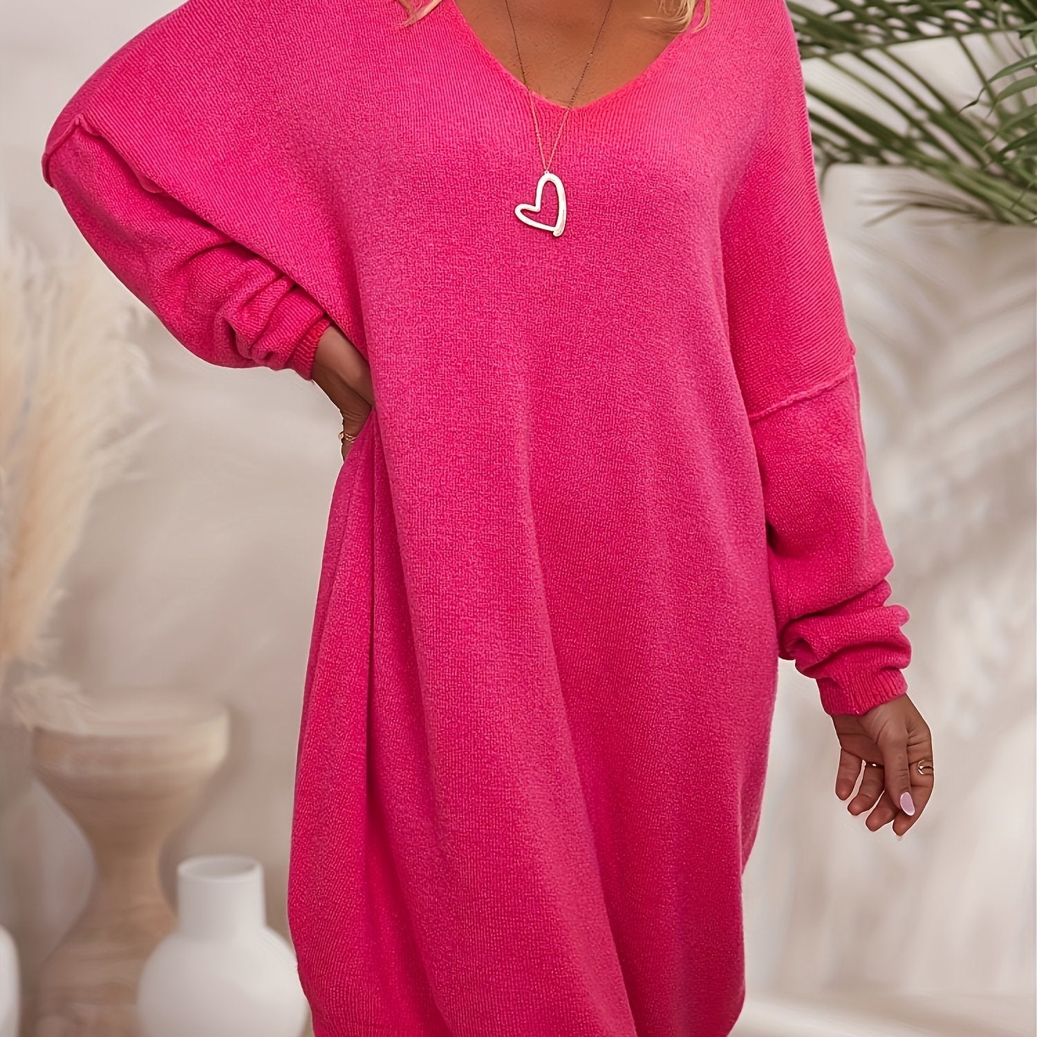 Plus Size Women’s Knitted V-Neck Dress Set Long Sleeve Solid Autumn Winter