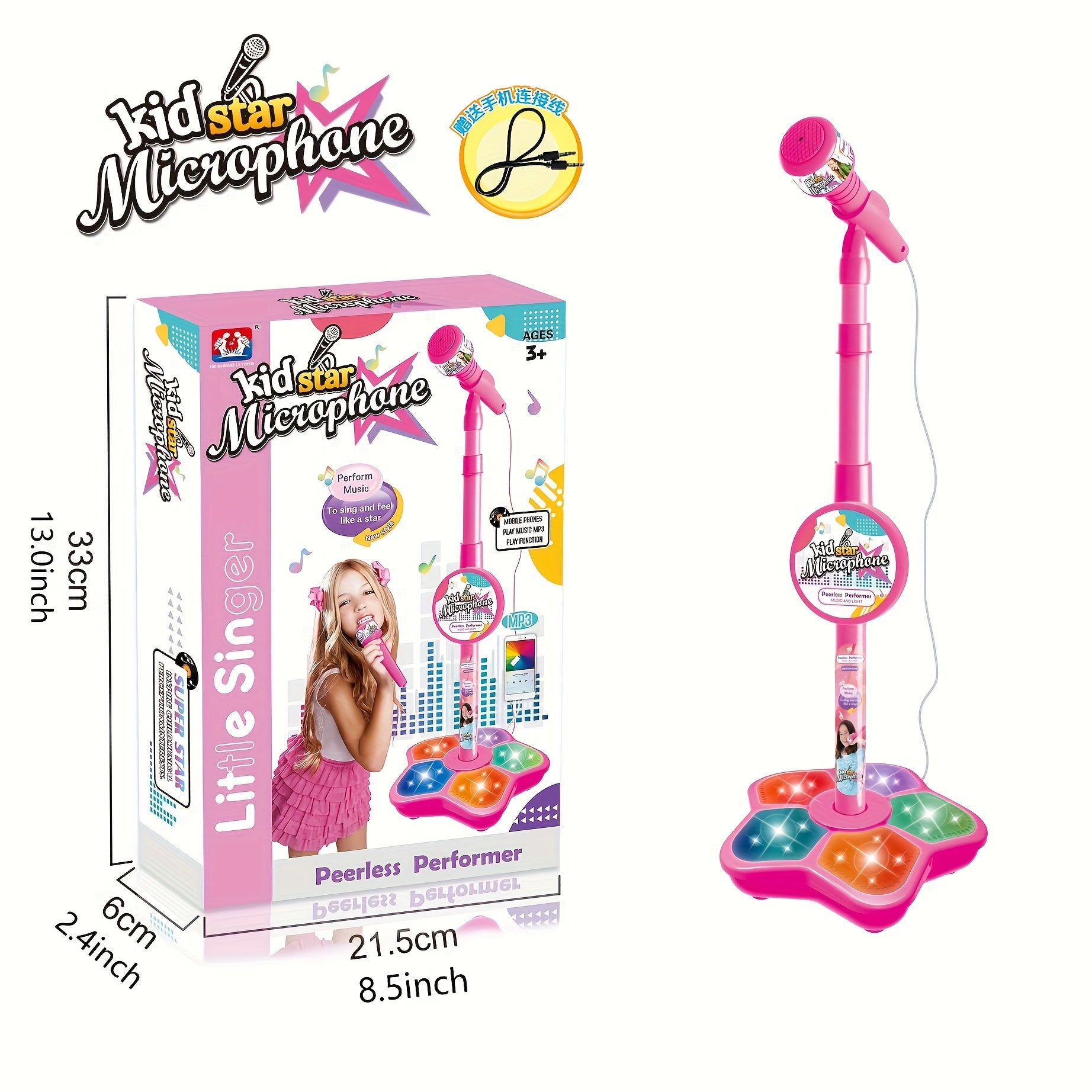 Kids' Karaoke Microphone with Stand Adjustable Height Light Effects MP3 Connectivity for Children