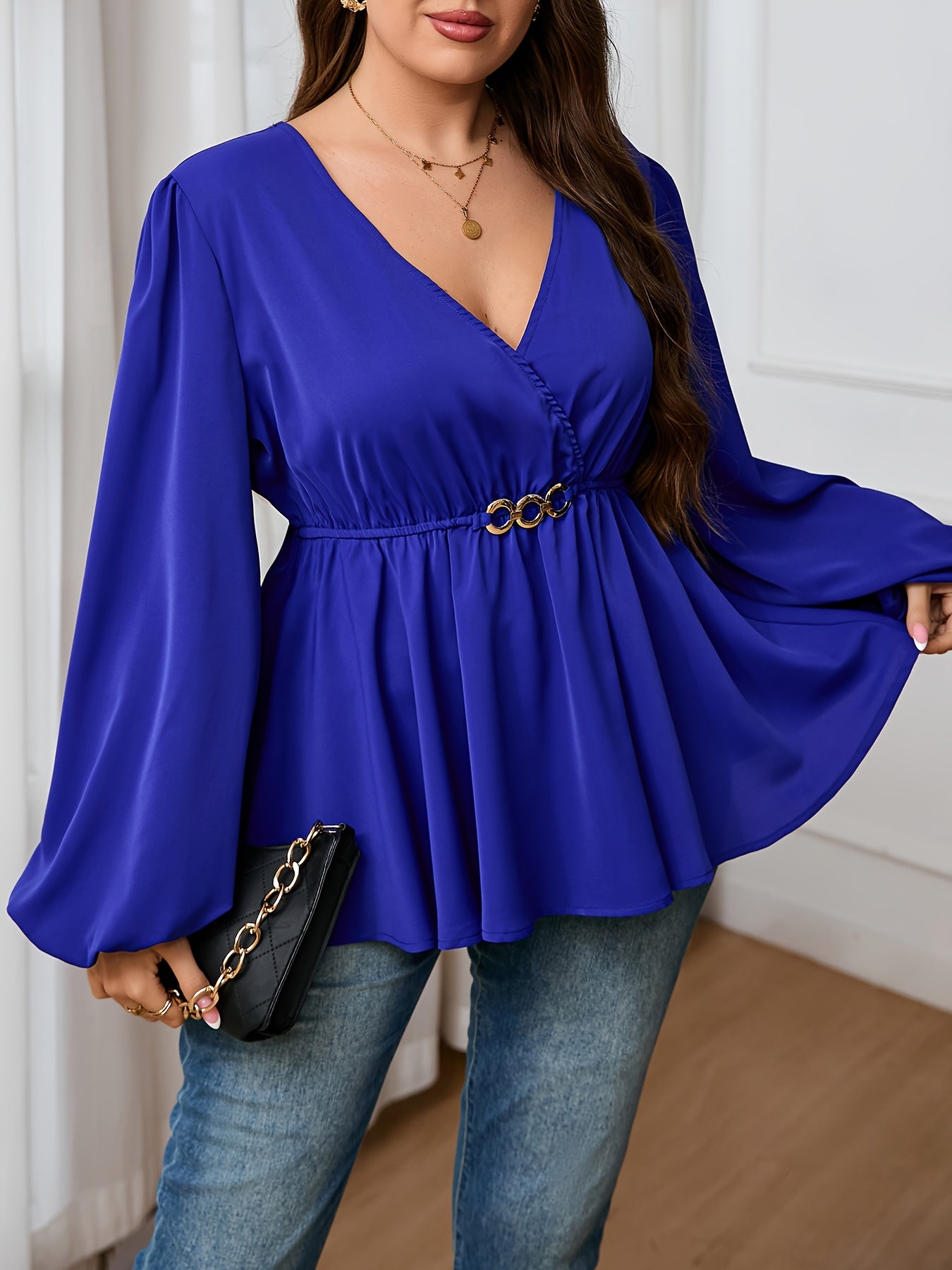 Women's Plus Size V-Neck Lantern Sleeve Blouse Stretchy Polyester Spandex