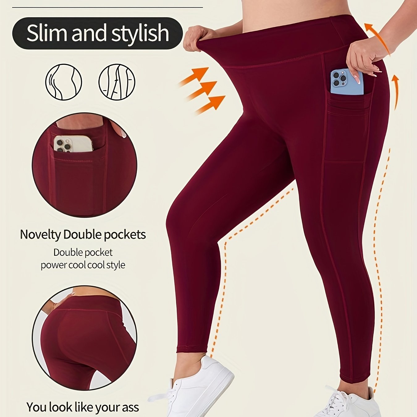 Plus Size Women Solid High-Waisted Leggings Stretchy Pockets Casual