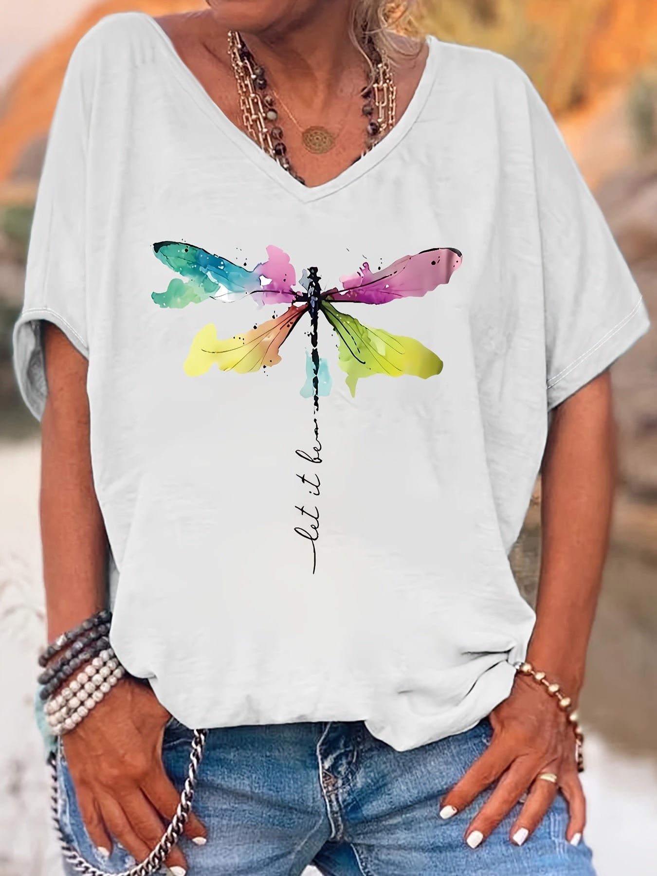 Women's Plus Size V-Neck T-Shirt Watercolor Dragonfly Printed Short Sleeves