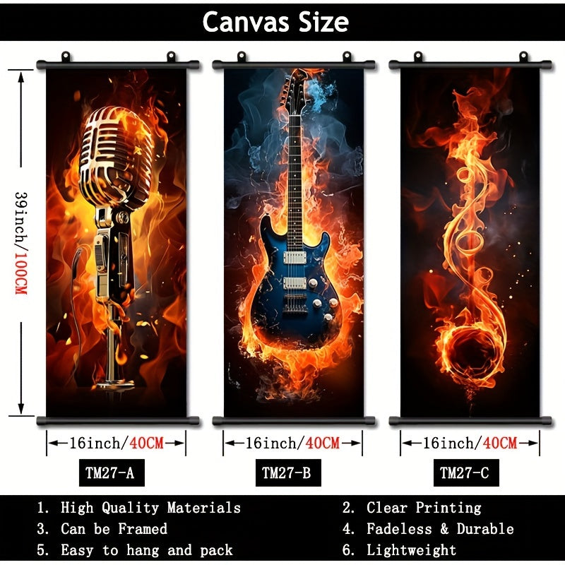Music Themed Wall Art Canvas Hanging Scroll Flame Guitar 40.64cm x 99.06cm for Living Room Bedroom Bathroom