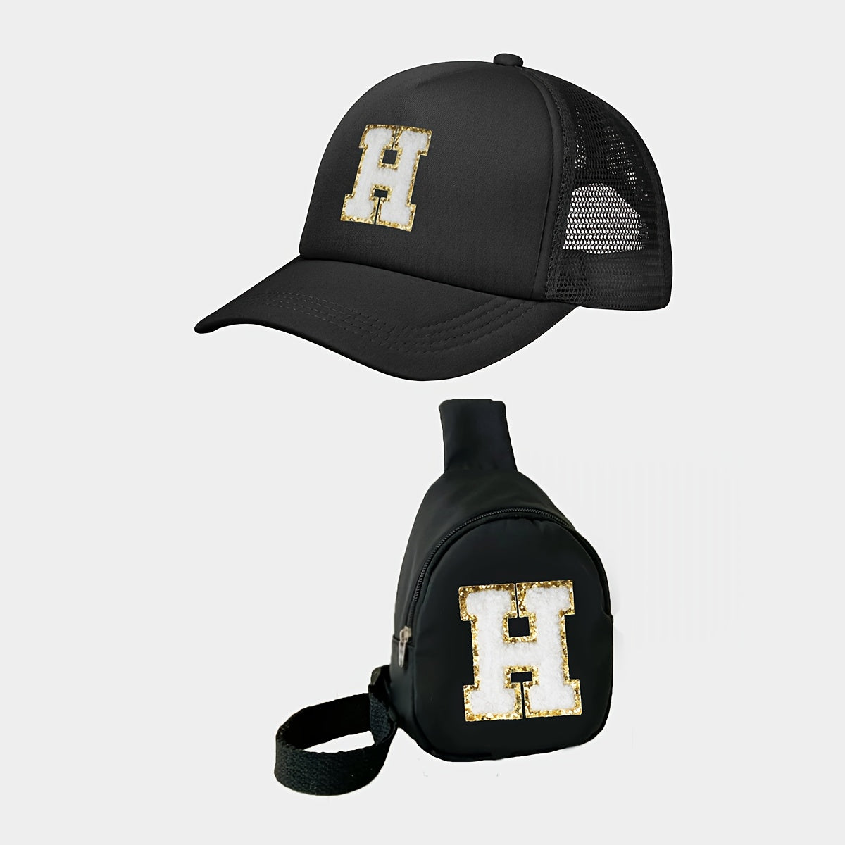 Children's Alphabet Baseball Cap and Shoulder Bag Set for Kids 3-14 Polyester Black