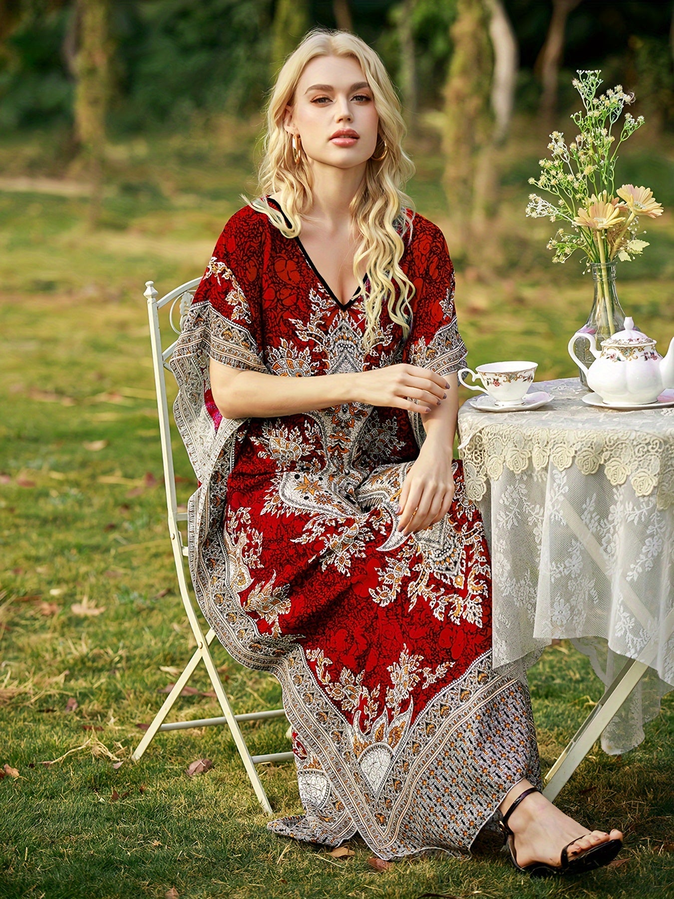 Plus o'lchamli maxi kiyinadigan bohemiya gullari bosma yozgi plyaj ta'tili uchun erkin fit