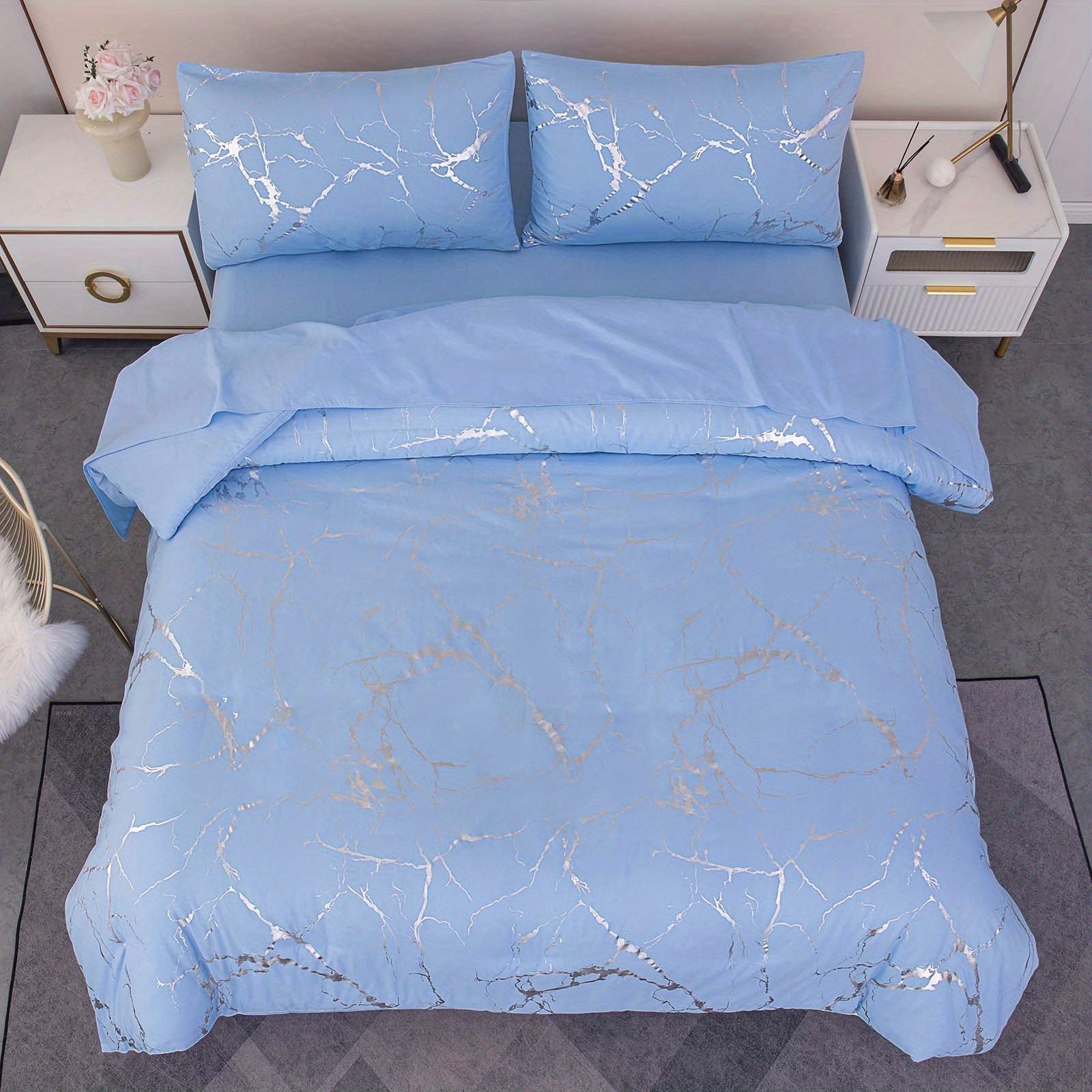 Elegant Marble Pattern Bedding Set in Pink Gray Green Blue Purple Washable Ultra-fine Fiber Duvet Cover 2-3 Piece