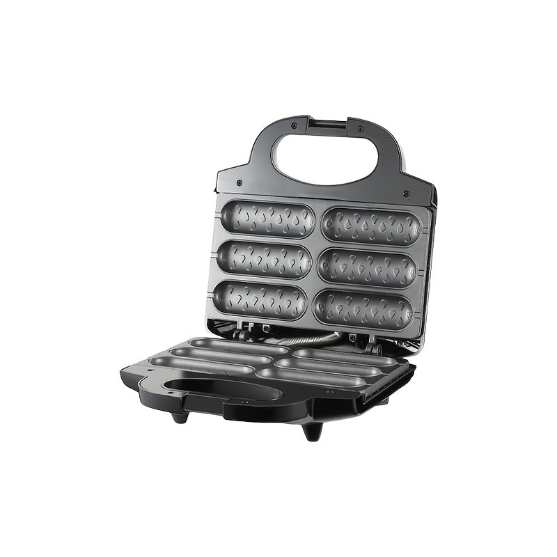 1000W tez isitgich bilan elektr kolbasa tayyorlagich va hot dog pishirgich, tutqichsiz, yog'siz dizayn. Ikki ta isitish elementlari, ergonomik tutqich va qora rangda kompakt kvadrat dizayni bilan jihozlangan.