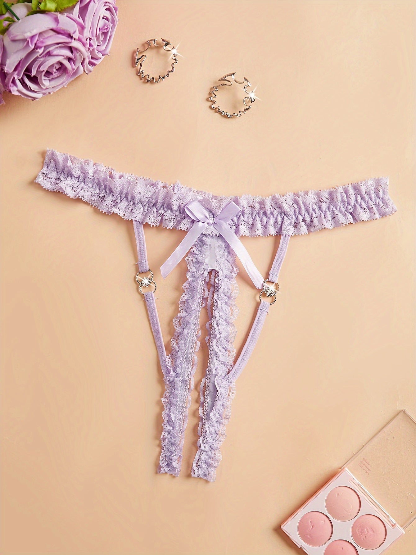 Lingerie Lace Thong Garter Jockstrap Solid Color Knit Fabric Crotchless