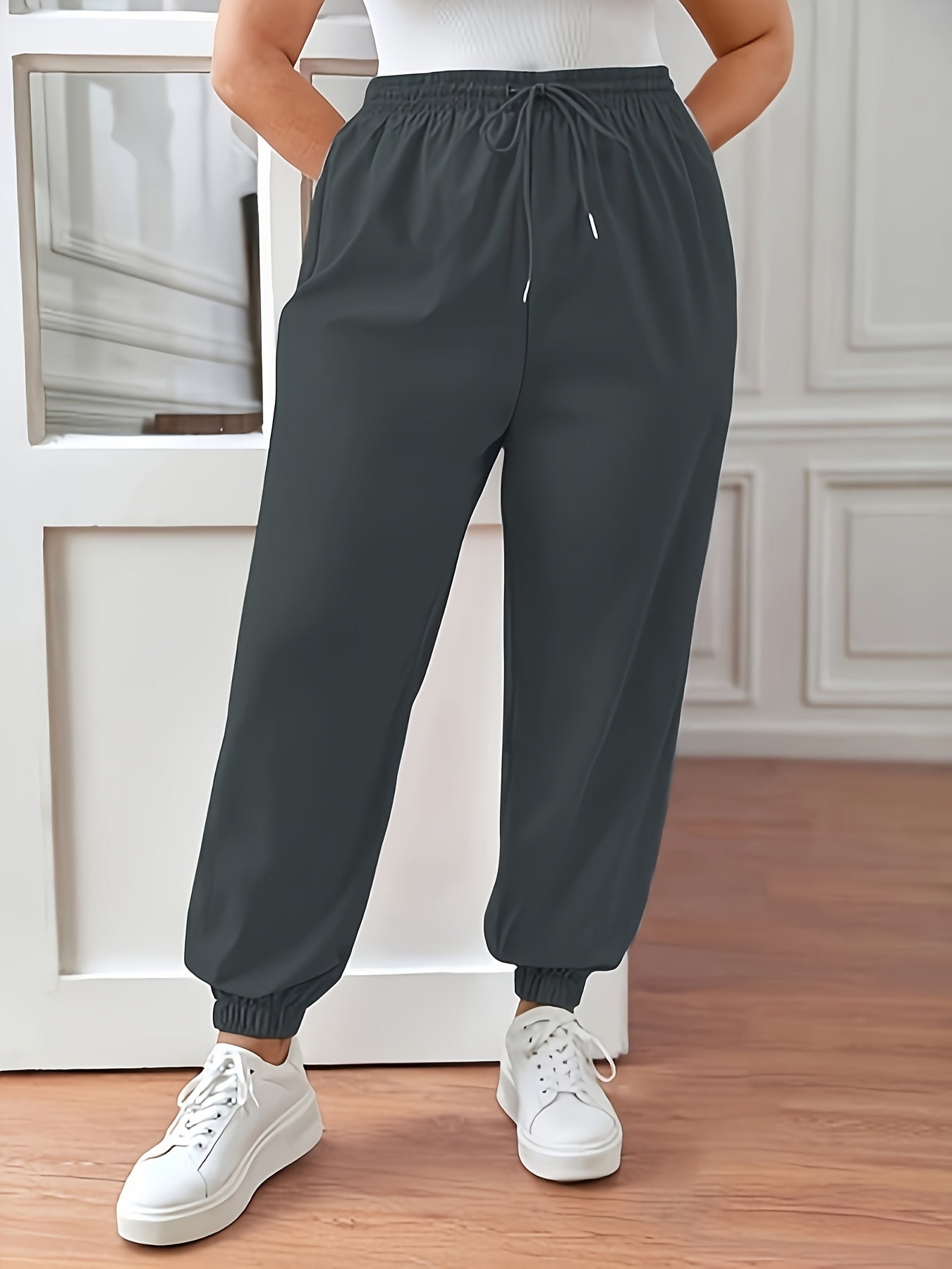 Plus Size Women's Jogger Pants 3 Pack Solid Color Polyester Blend Elastic Cuffs