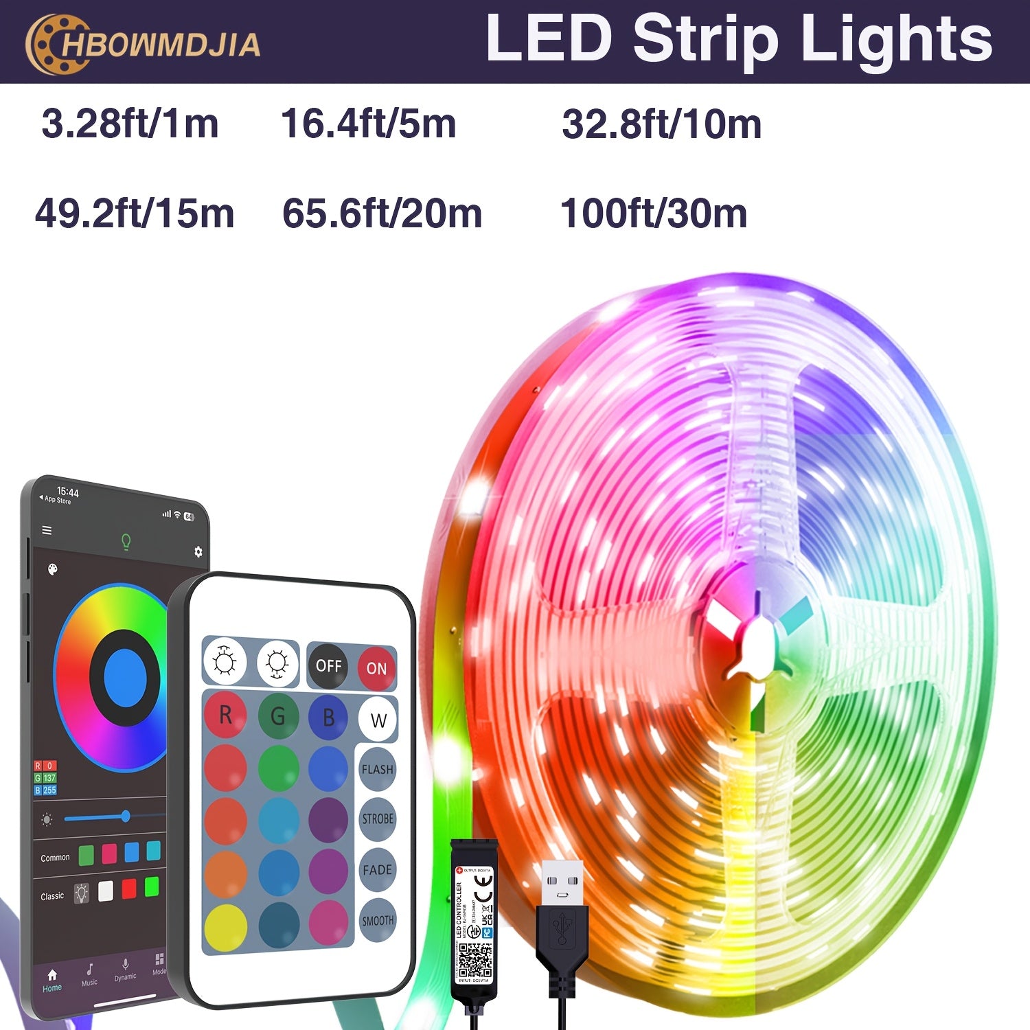 Smart LED Strip Lights Color Changing 91.44cm-30.48m App Remote USB Powered Indoor Decor