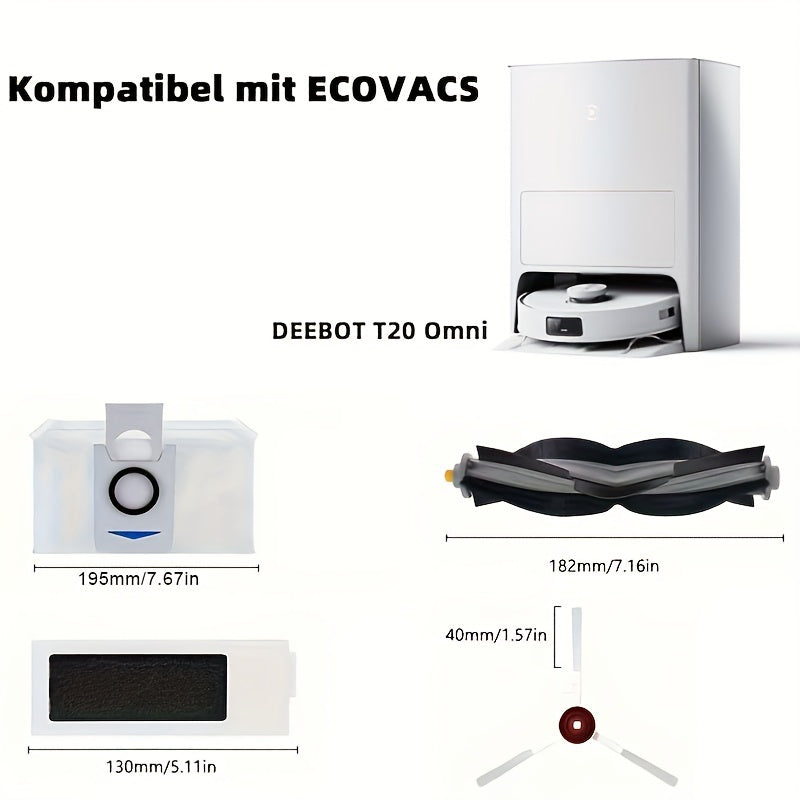 ECOVACS DEEBOT T20 Omni uchun aksessuarlar to'plami, 22 dona, 1 ta asosiy cho'tka valigi, 6 ta yon cho'tka, 3 ta Hepa filtri, 8 ta mopa padlari va 4 ta chang sumkasi o'z ichiga oladi.