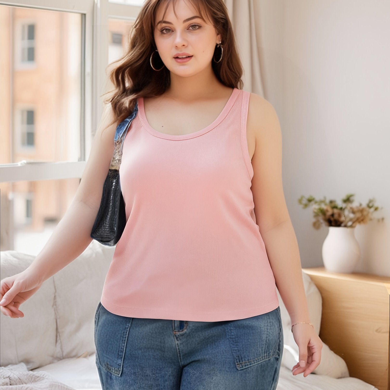 Plus Size Women's Cotton Ribbed Camisole with Built-In Padding and Chest Pad