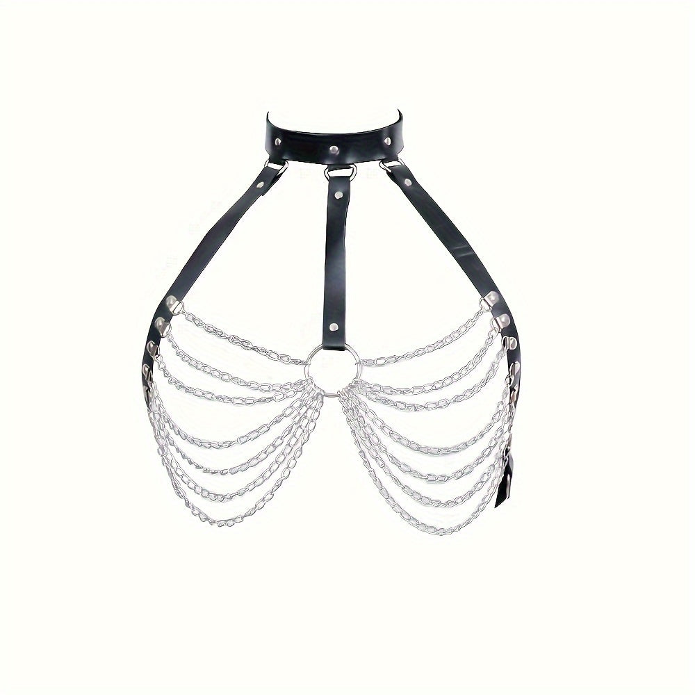 Women's Gothic Chain Belt with Tassels and Hollow PU Leather Chest Cage Bra