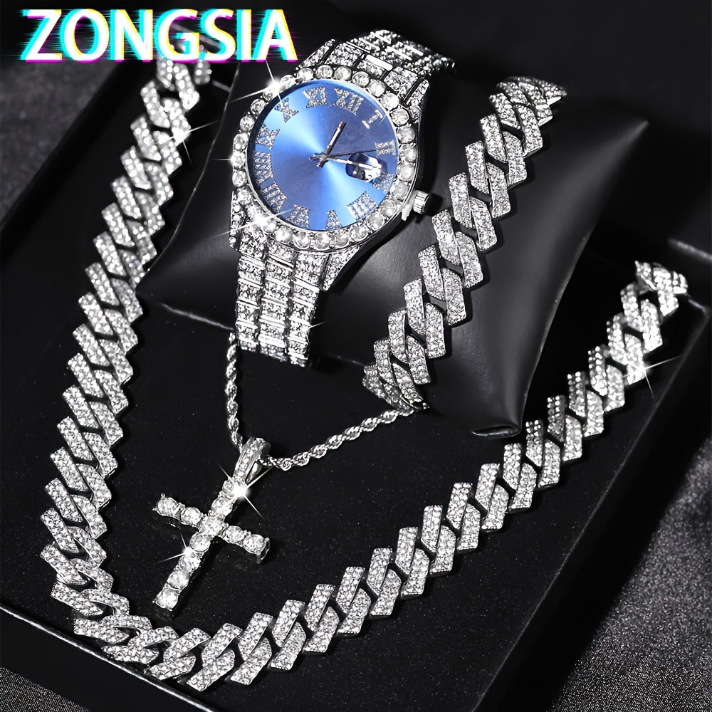 Men's Watch and Jewelry Set with Cuban Chain Necklace and Bracelet