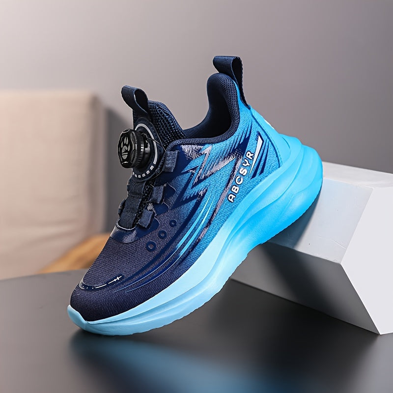 Kids' Navy Blue Mesh Sneakers with Stripes and Rotating Buckle for Boys and Girls