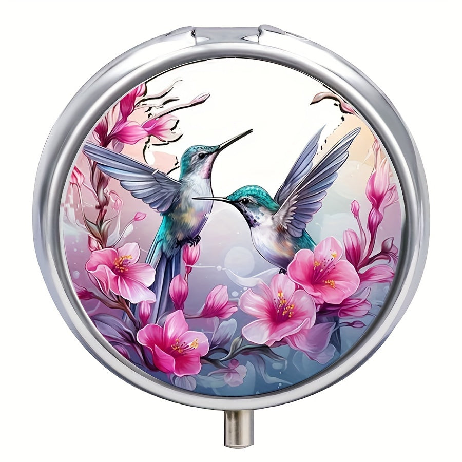 Women's Hummingbird Round Pill Box 3 Compartments Travel Organizer Portable